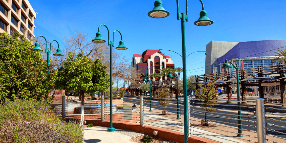 Cityscape of downtown Mesa, Arizona with buildings and street view.